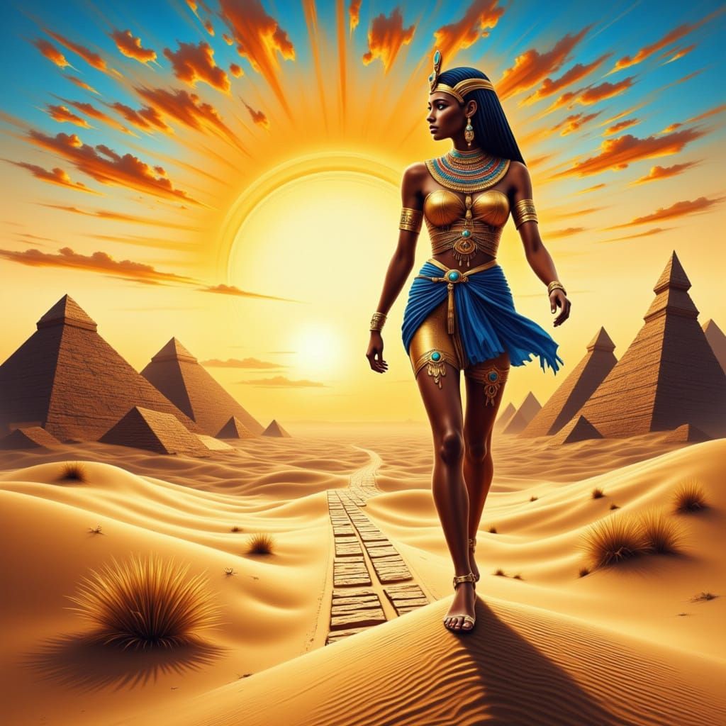 Pharaoh Walks Desert Path at Dawn in Ancient Egyptian Style