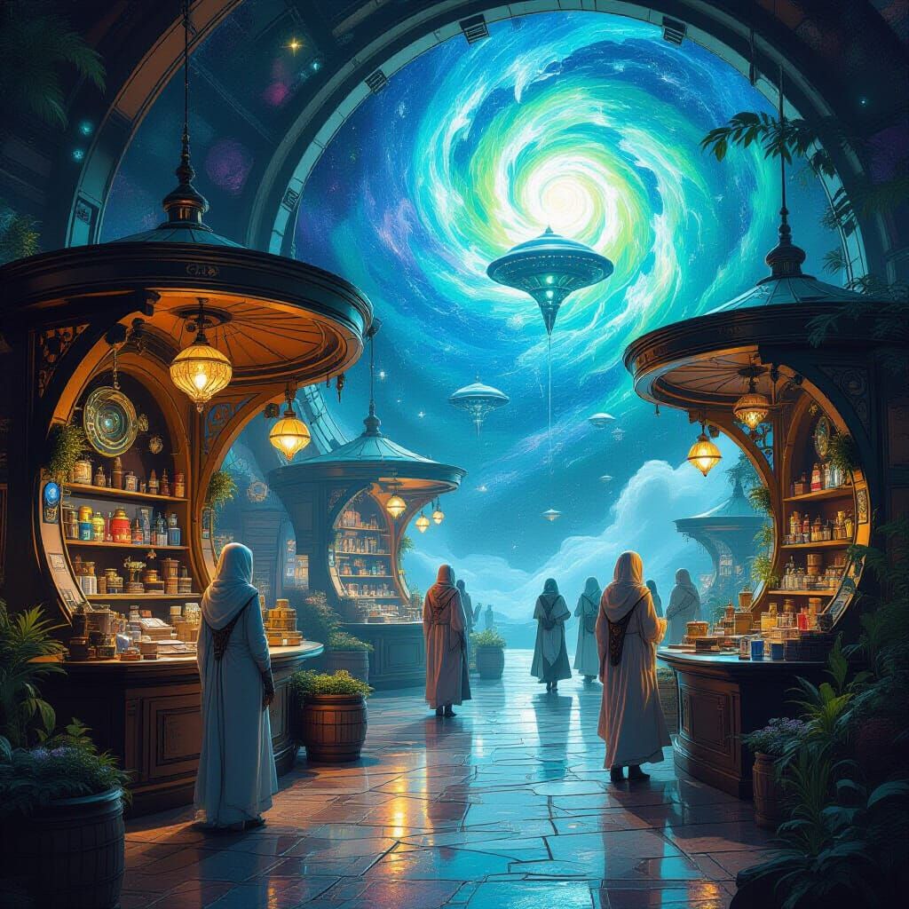 Floating Alien Bazaar in Zero Gravity