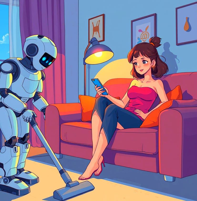 Robot Vacuums as Woman Relaxes: Anime Style