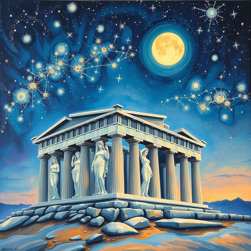 Majestic Greek Temple Under Starry Night Skies with Mytholog...
