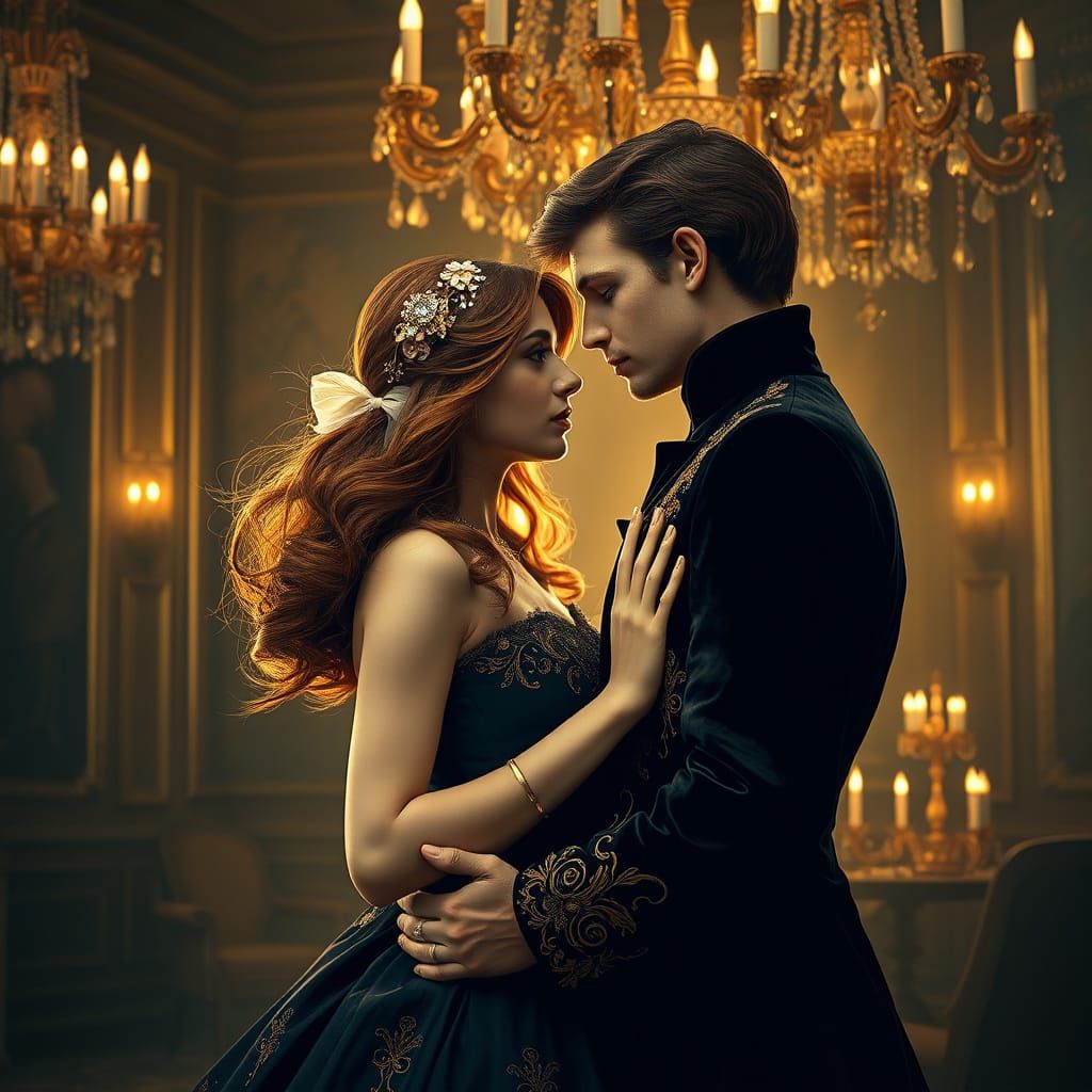 Elegant Couple in Golden Ballroom