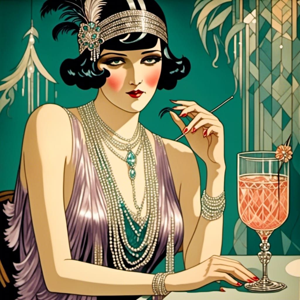 1920s Flapper Cocktail Portrait in Art Deco Style