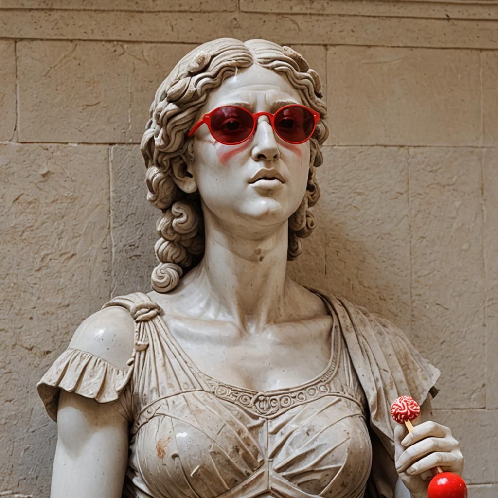 Ancient Greek Sculpture in Sunglasses Eats Lollipop on Stage