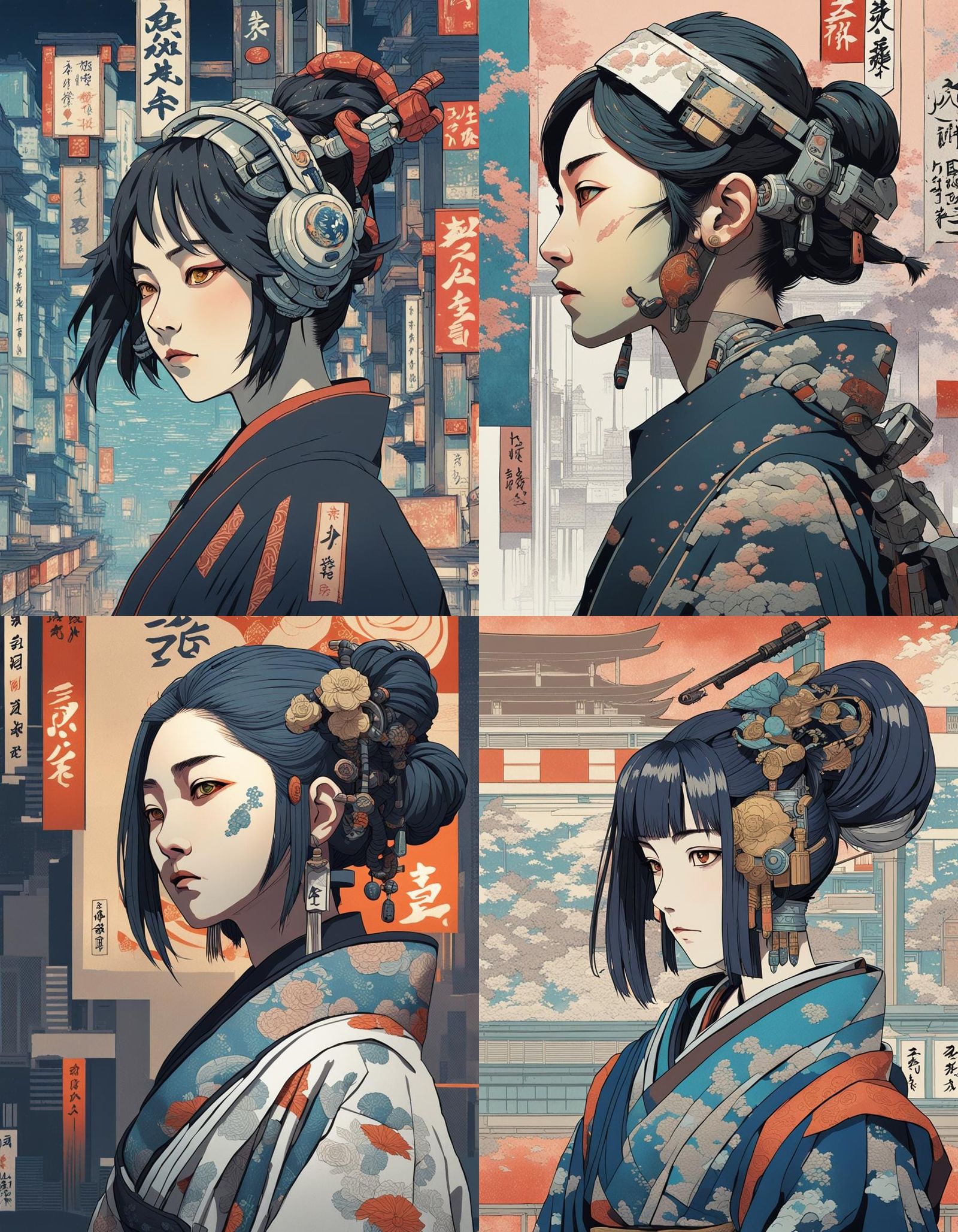 Cyberpunk Girl in Ukiyo-e Style, Digital Art