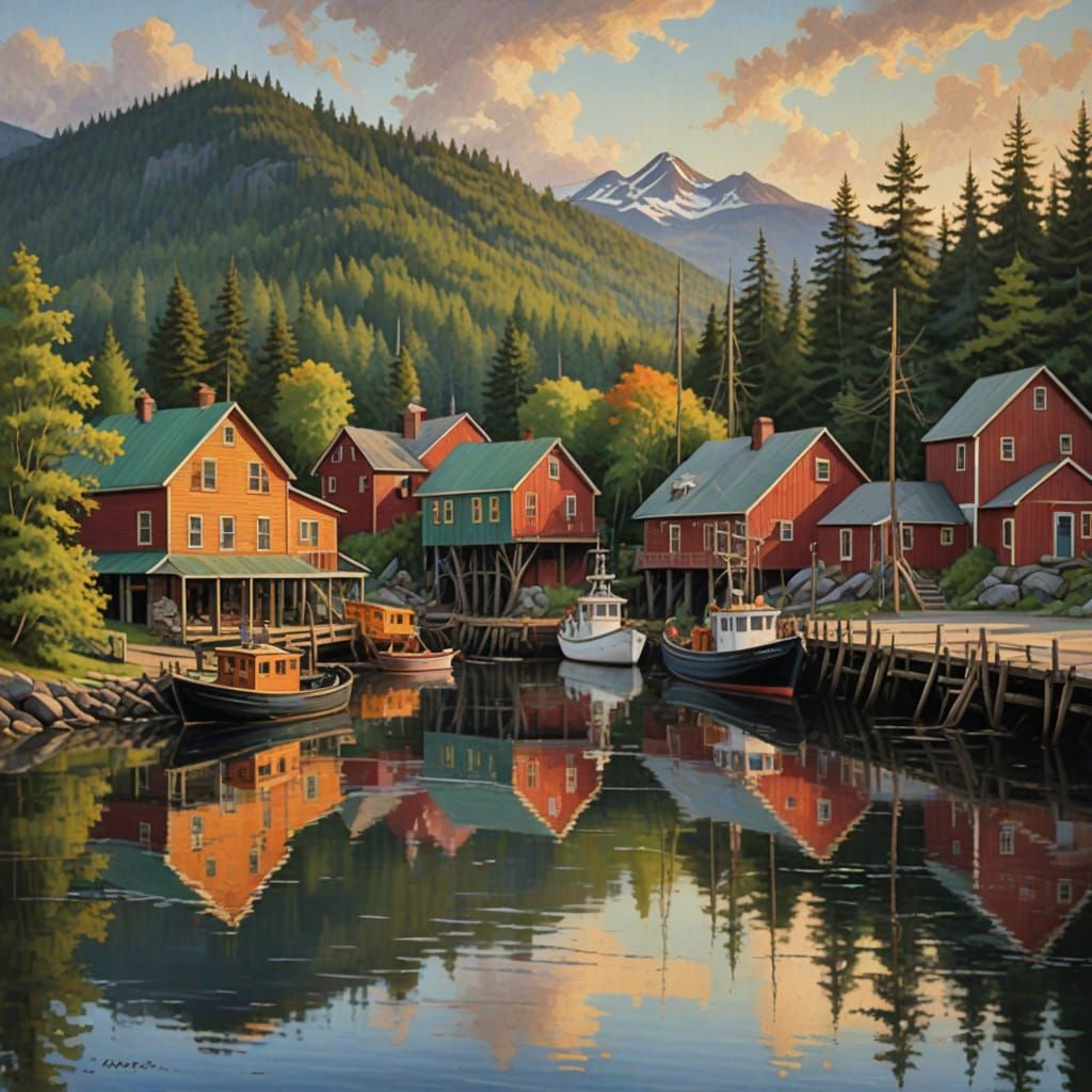 Cozy Alaskan Waterfront Scene in Impressionist Style