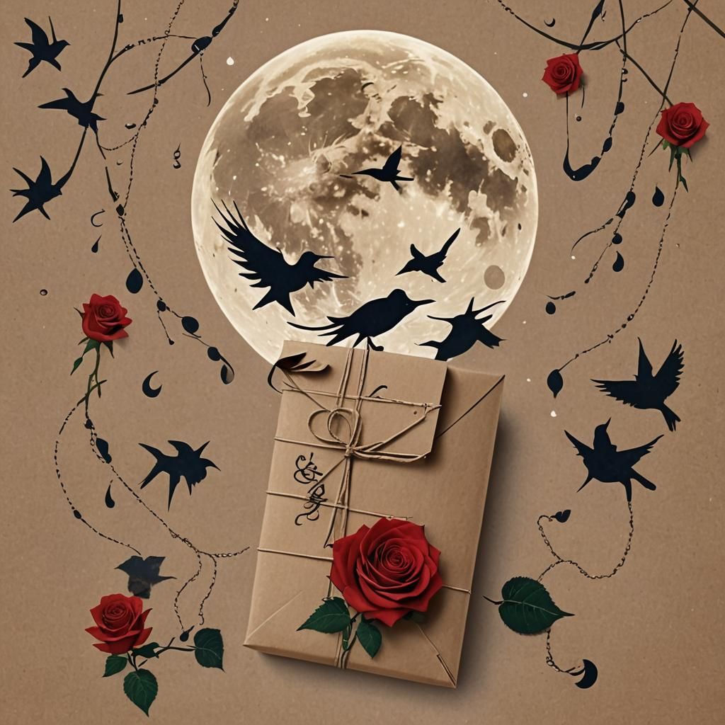 Full Moon with Swallow and Red Rose