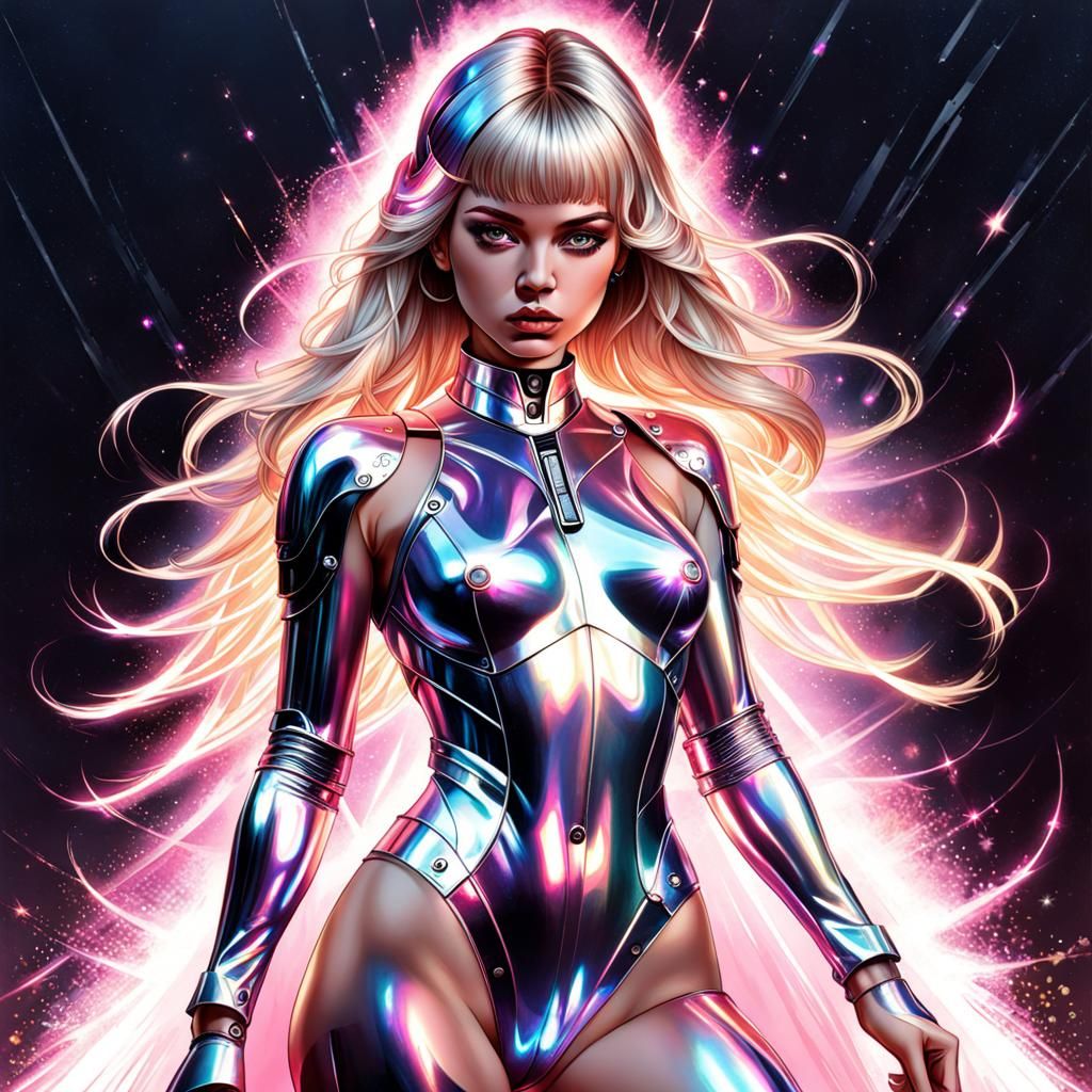 Futuristic Pink Cyborg Woman in Aetherpunk Style