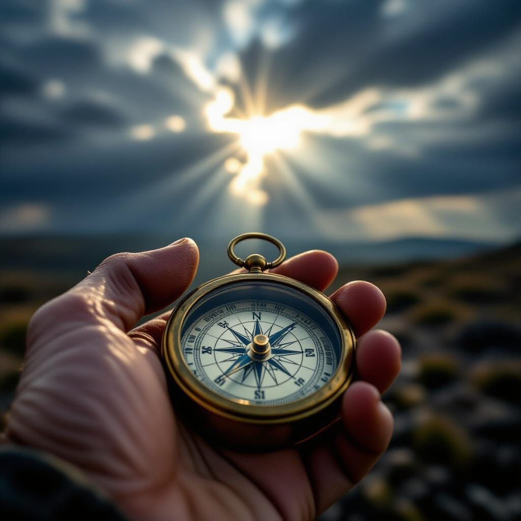 Weathered Hand Holds Antique Compass Amidst Stormy Light