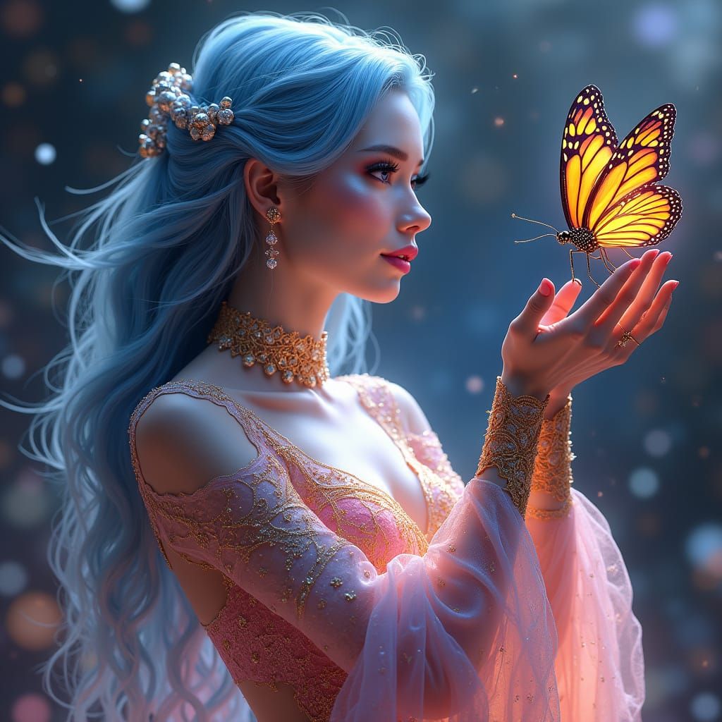 Ethereal Cyber Woman with Butterfly in a Cosmic Glow