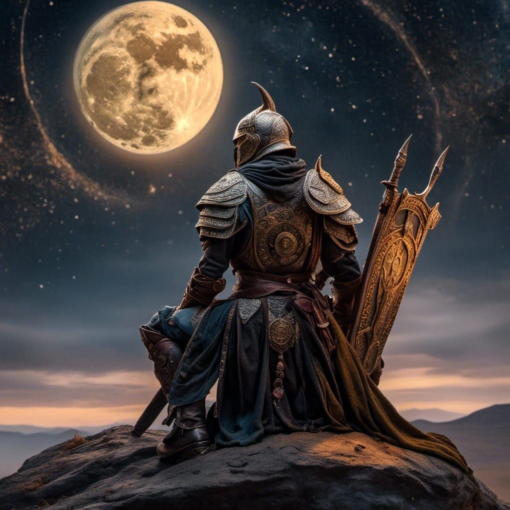 Warrior's Devotion Under New Moon in Watercolor Style
