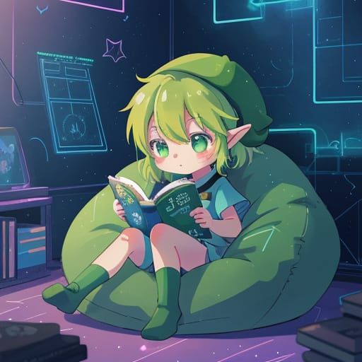 Chibi Link Reads Comic Book in Spaceship Cabin