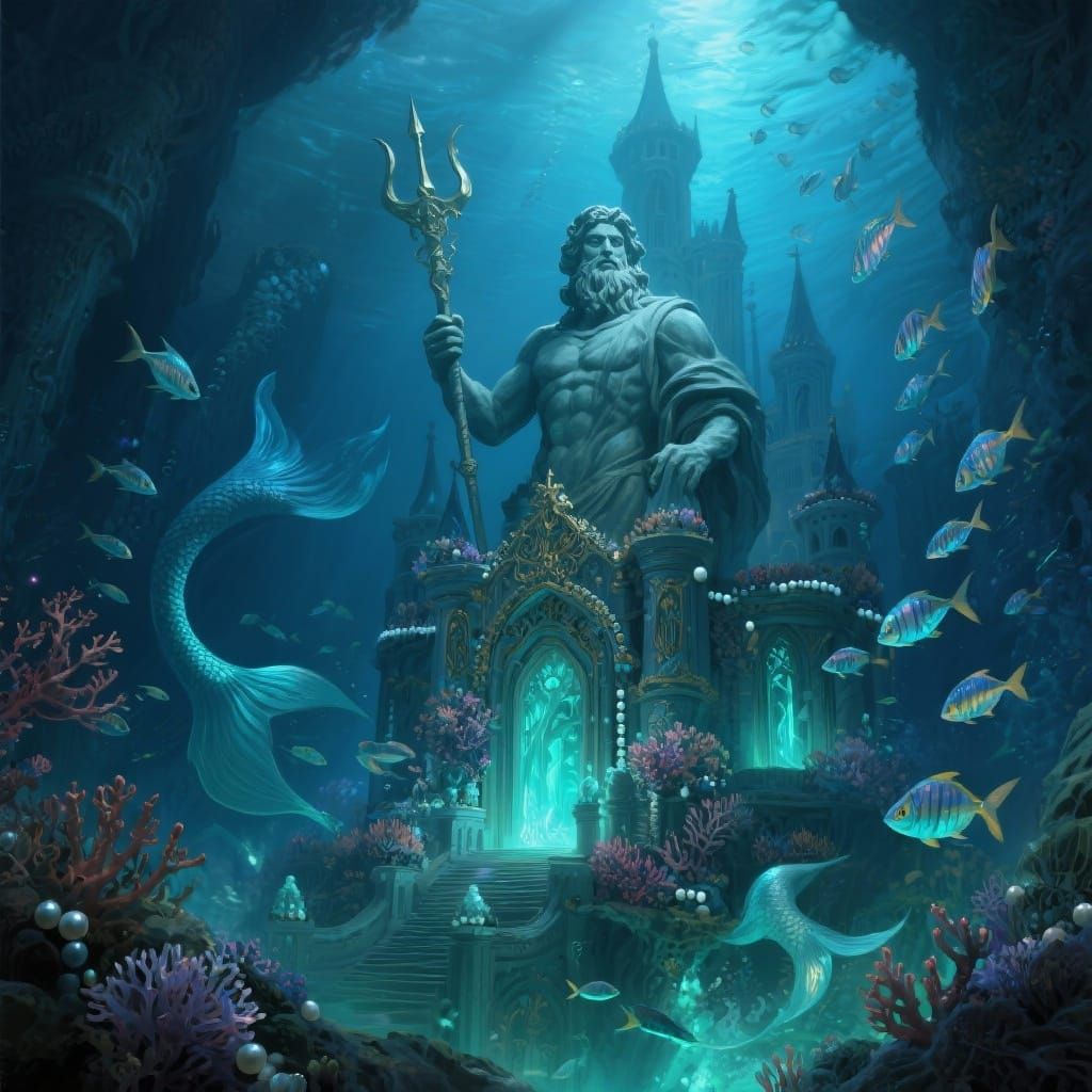 Majestic Underwater Castle Guarded by Poseidon in Fantasy Ar...