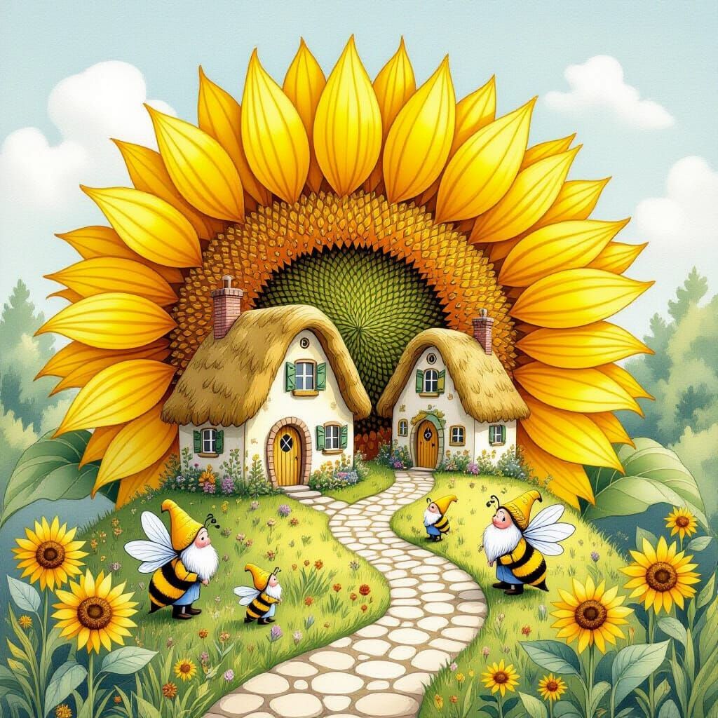 Quaint Village in Sunflower Petals, Watercolor Style