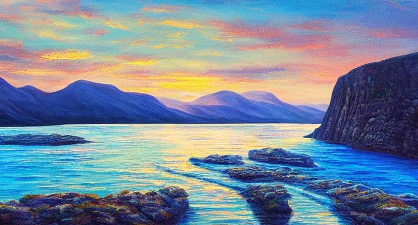 Korean Painting: Sunrise Over Rugged Mountain Landscape