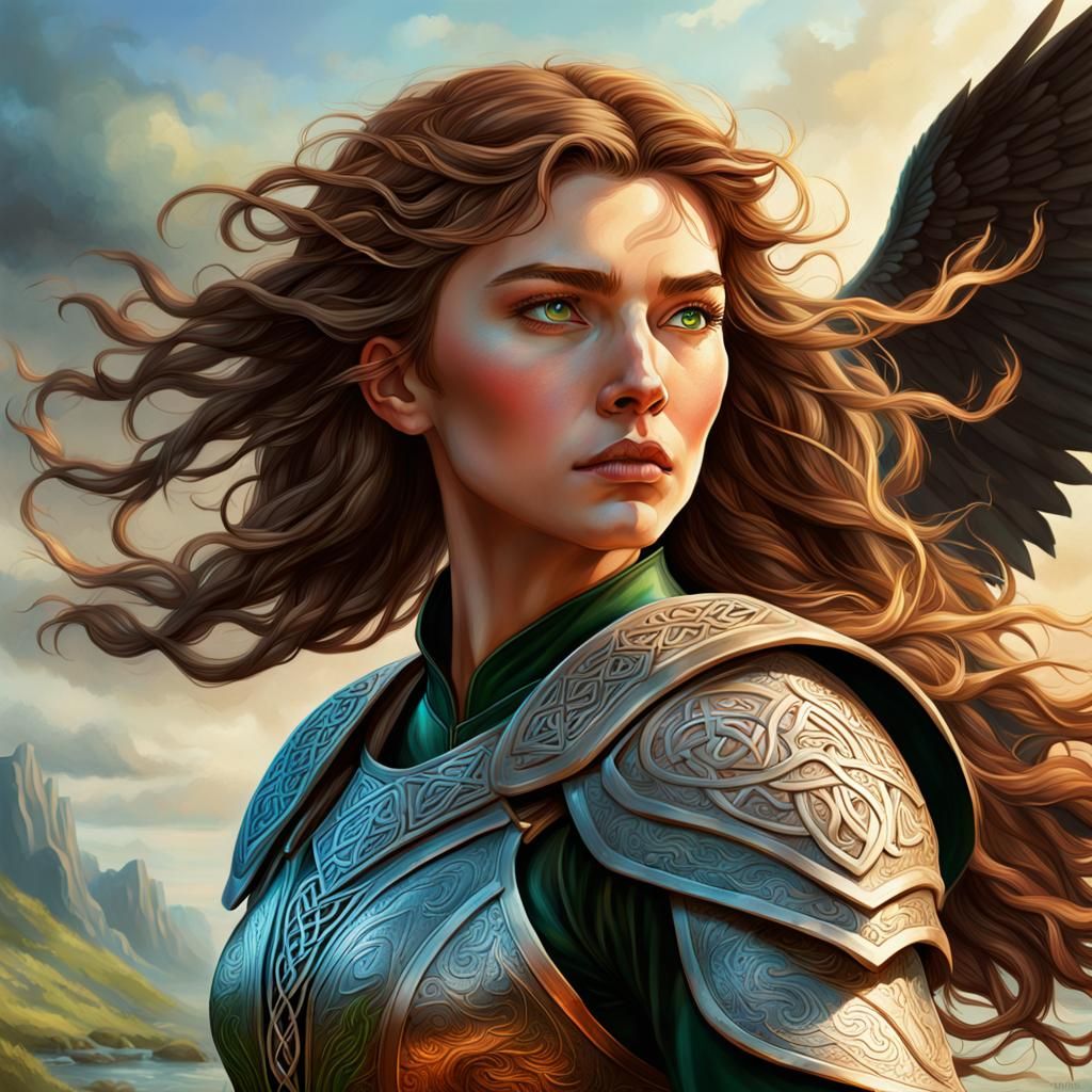 Celtic Woman Dragon Rider in Hyperrealistic Splash Art