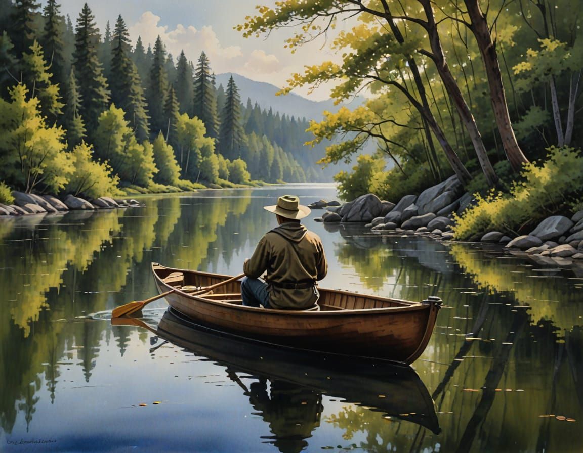 Serene Lakeside Fishing Scene in Watercolor Style