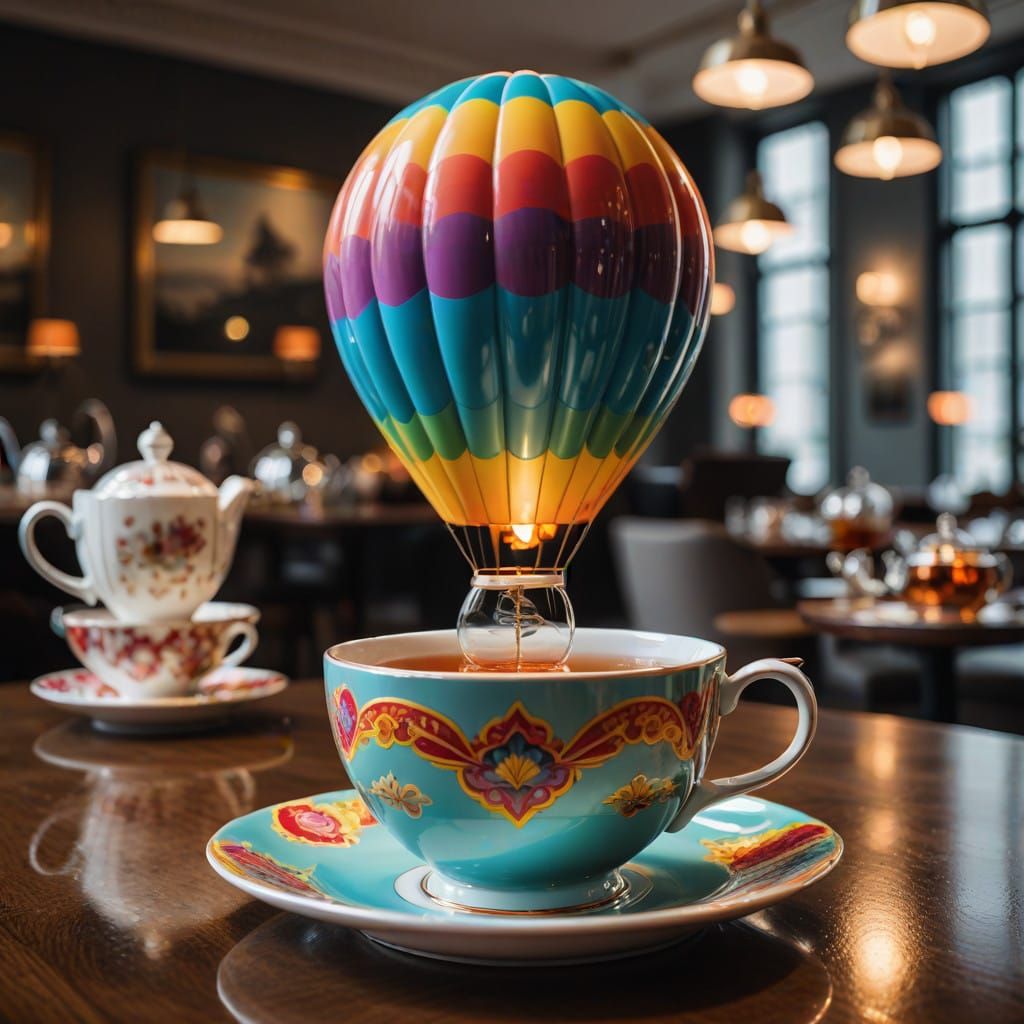 Vibrant Hot Air Balloon Over Teacup