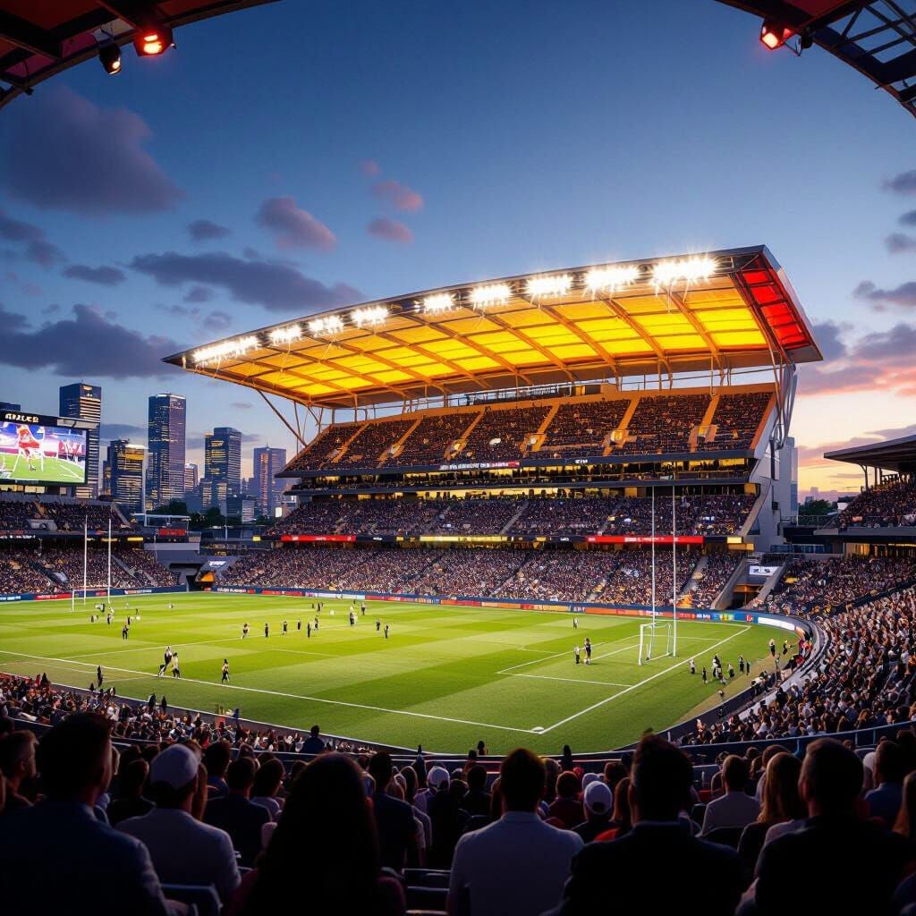 Electric Rugby Stadium with VIP Seating & Cityscape
