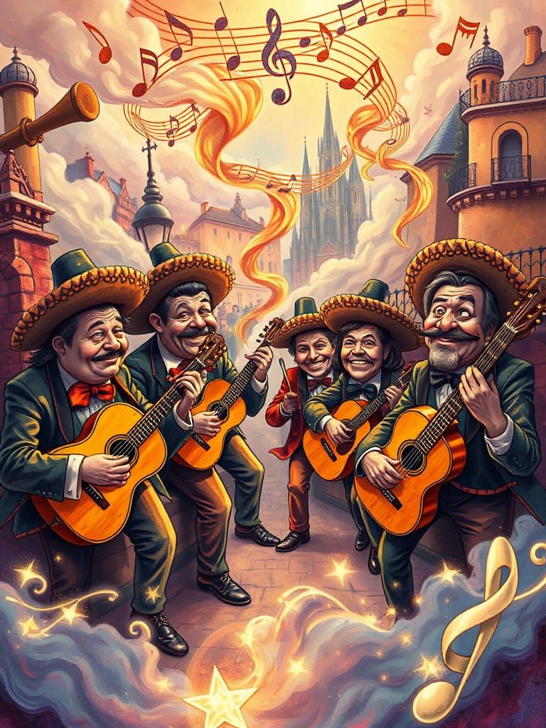 Whimsical Mariachi Band in Fantasy Cityscape