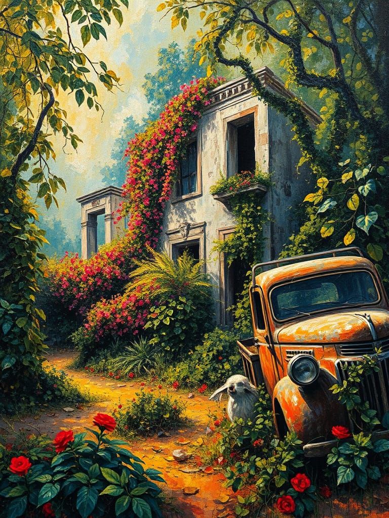 Nature Reclaims Forgotten Ruins in Neo-Impressionist Style
