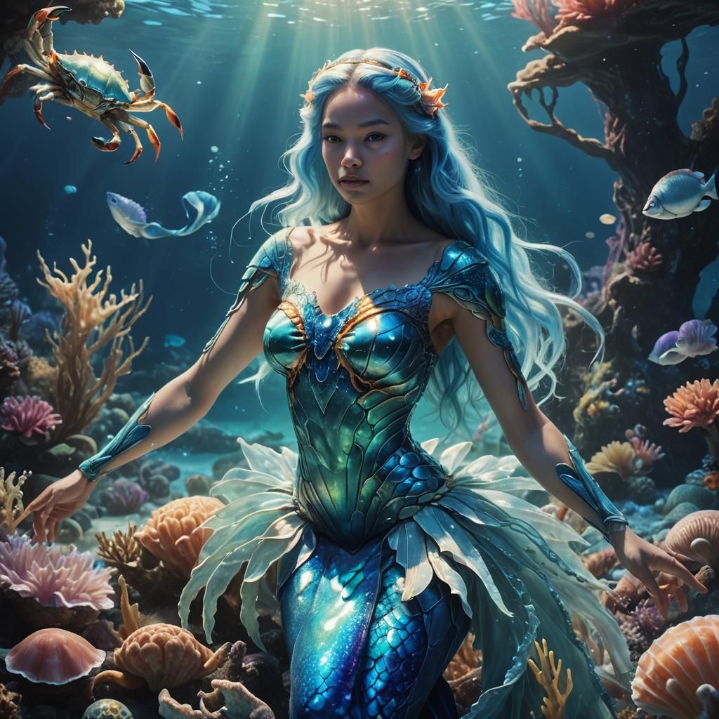 Neon Crab and Mermaid in Dreamlike Underwater Scene