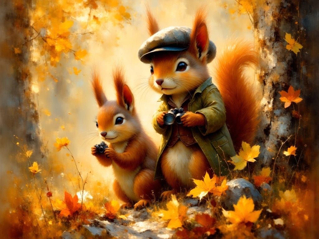 Anthropomorphic Squirrels Spying in Autumn Forest