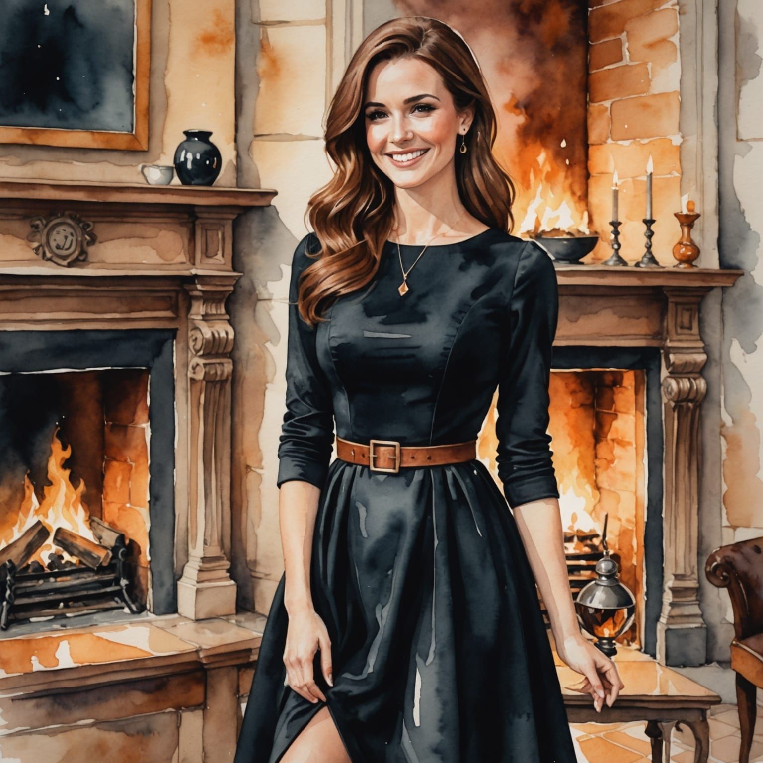 Watercolor Portrait of Woman by Fireplace