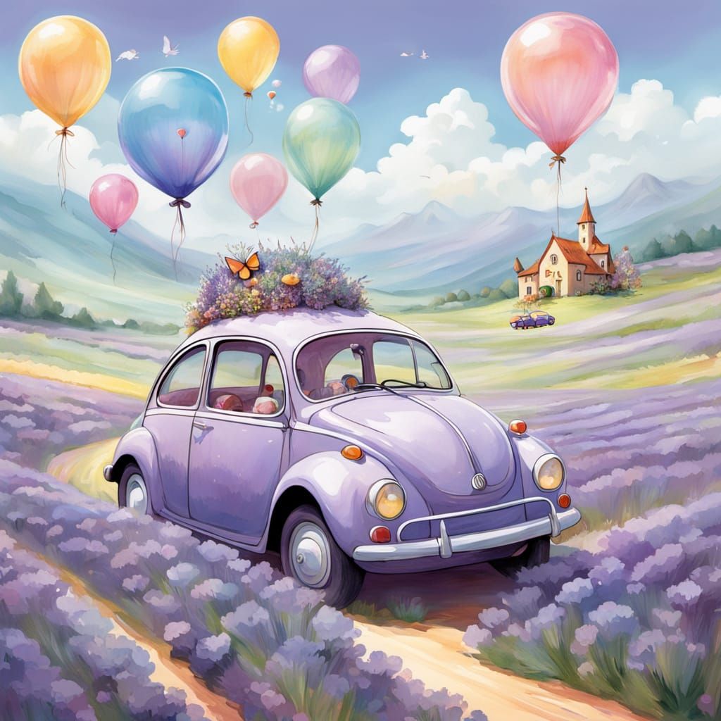 Whimsical Bubble Car in Lavender Field