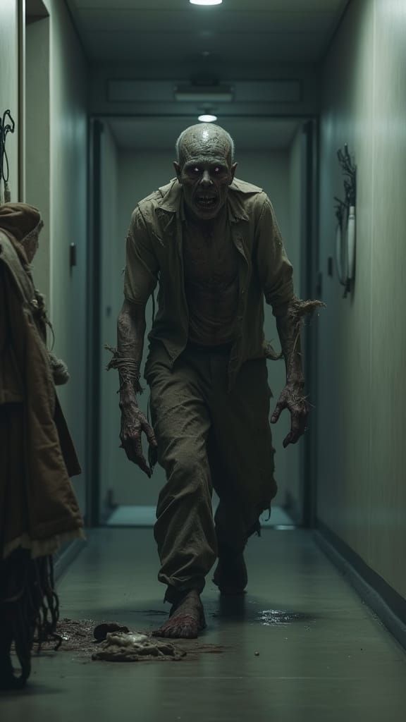 Terrifying Zombie in Modern Hallway: Cinematic High-Contrast