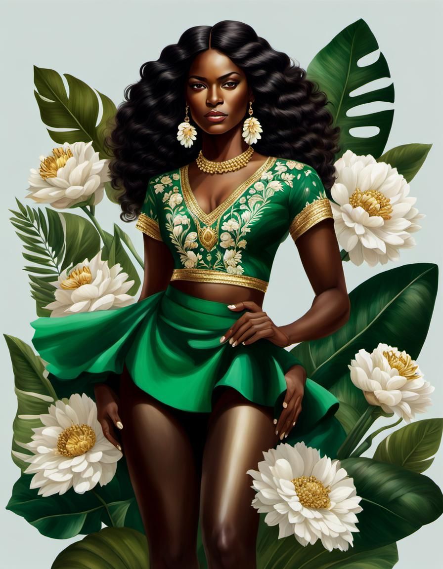 Colombian Woman with Flowers: Hyperrealistic Full Body Portr...