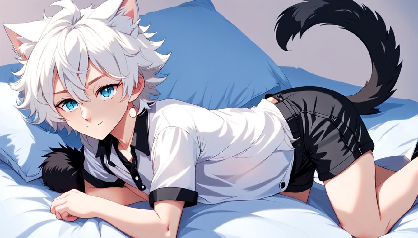Teenage Catboy with White Hair and Tail