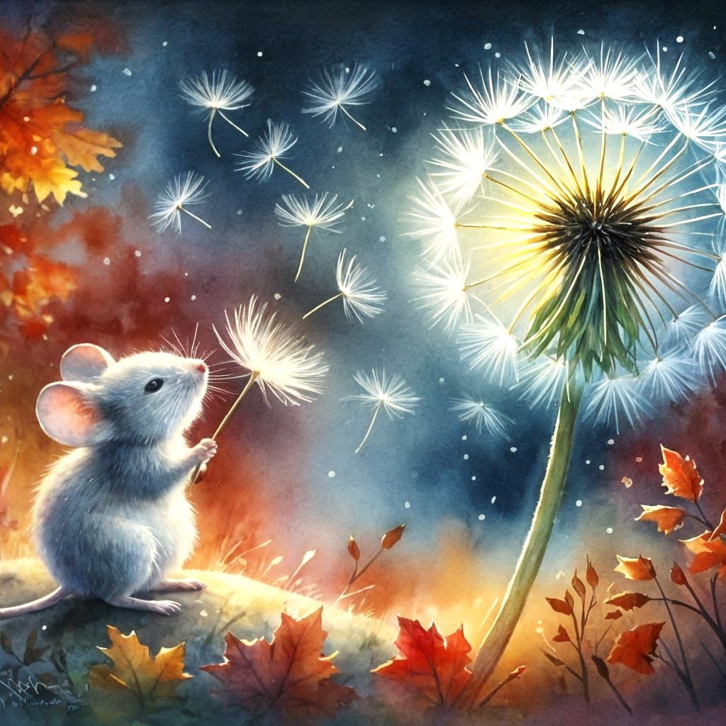 Watercolor Mouse Blowing Dandelion Seeds in Autumn