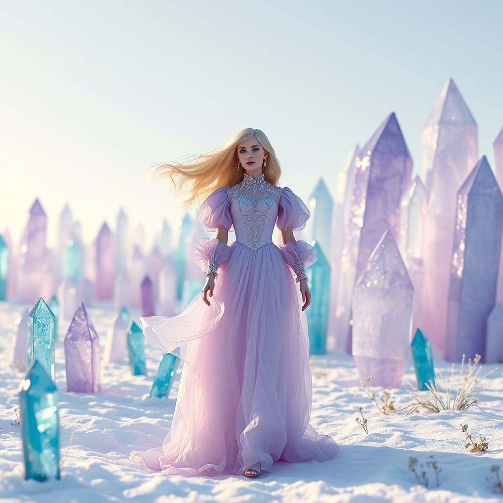 Victorian Woman in Crystal Field, Surreal Dreamscape