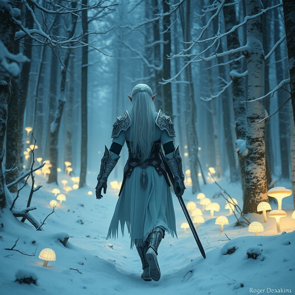 Ethereal Snow Elf Walks Through Enchanted Forest in Biolumin...