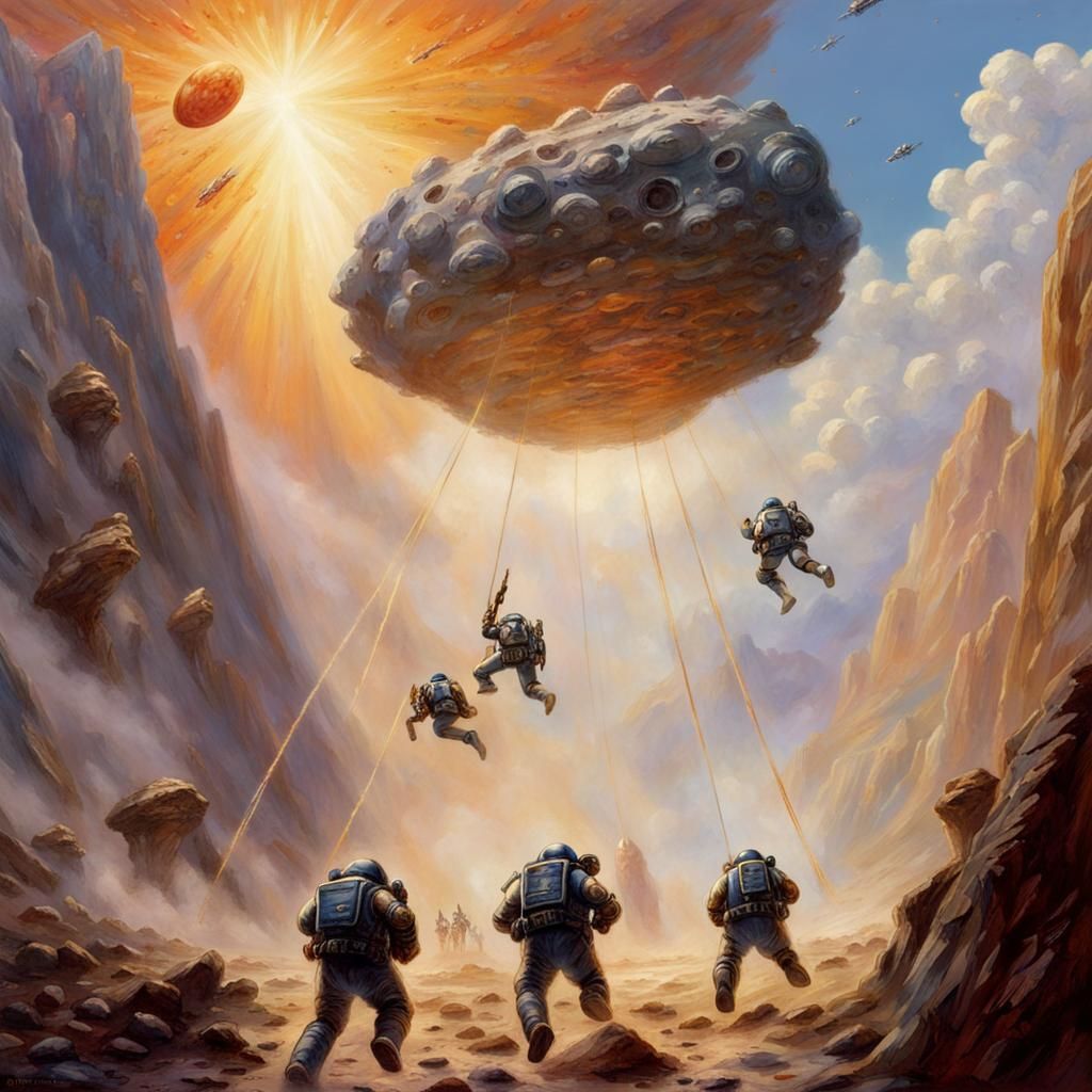 Space Marines Leap to Asteroid, Digital Art