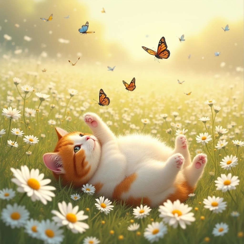 Chubby Cat Basks in Sunshine among Vibrant Daisies