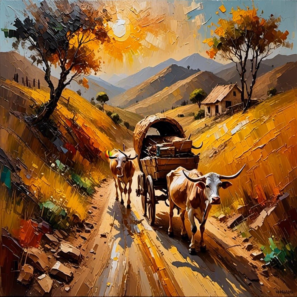 Oxcart on Dusty Road in Impressionist Oil Painting