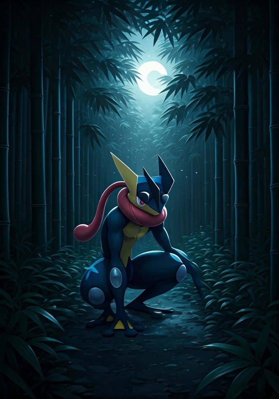 Greninja Silhouetted in Moonlit Bamboo Forest