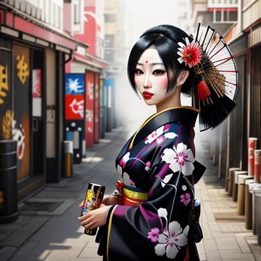 Geisha Kimono Graffiti Art in Polychromatic Colors