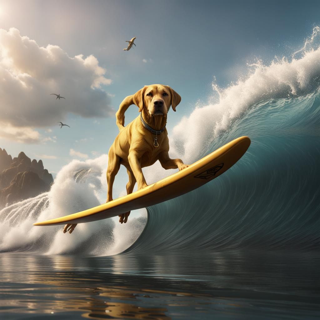 Golden Labrador Surfing: Detailed Matte Painting