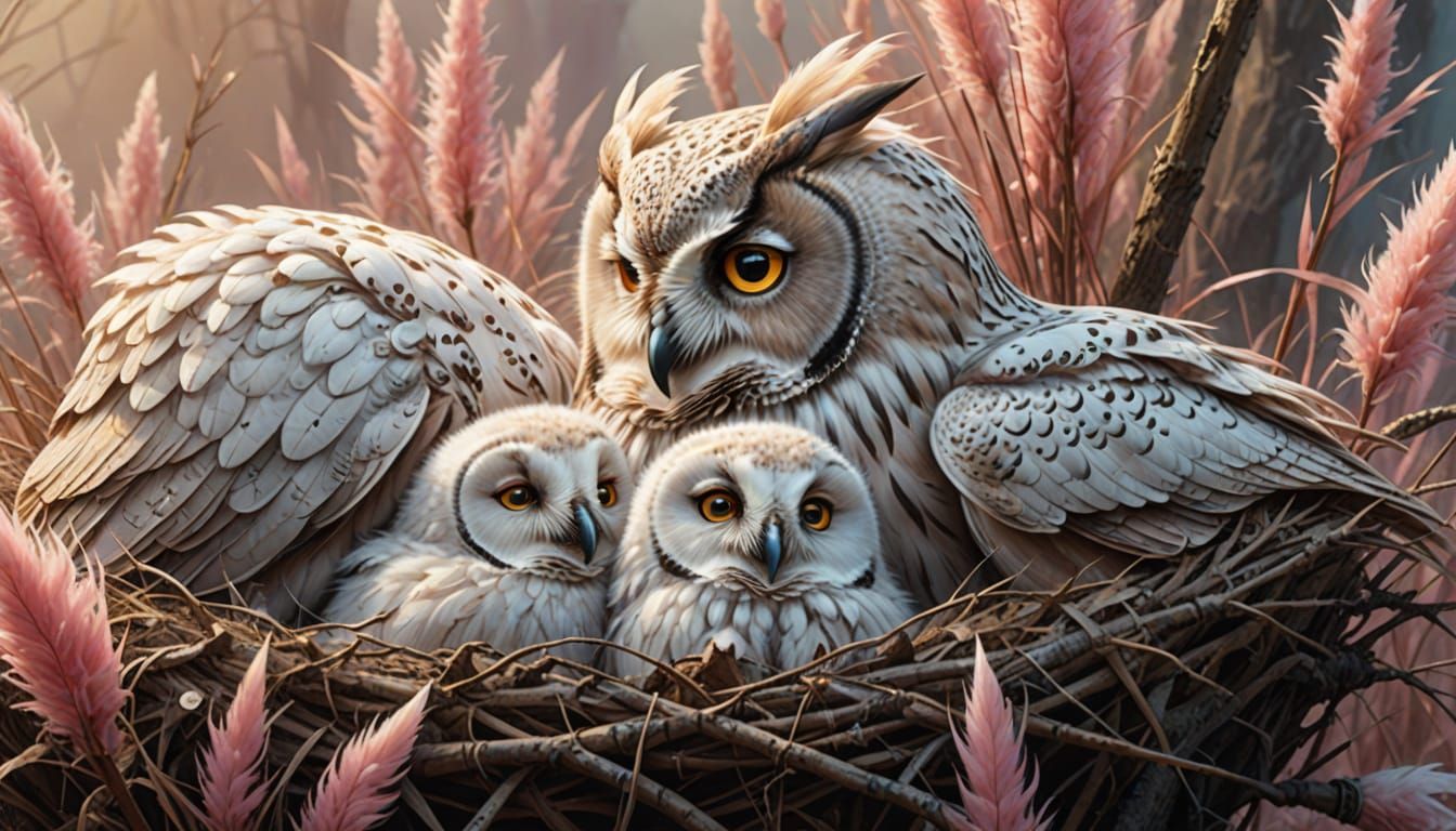 Owl Family in Pampas Grass, Digital Painting