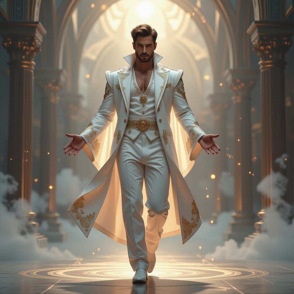 Man in Golden Attire Levitating in Ethereal Light