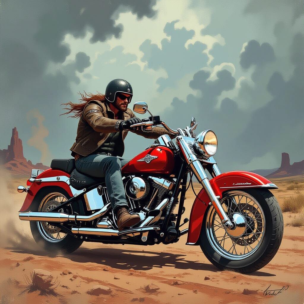 Lone Biker in Stormy Post-Apocalyptic Landscape