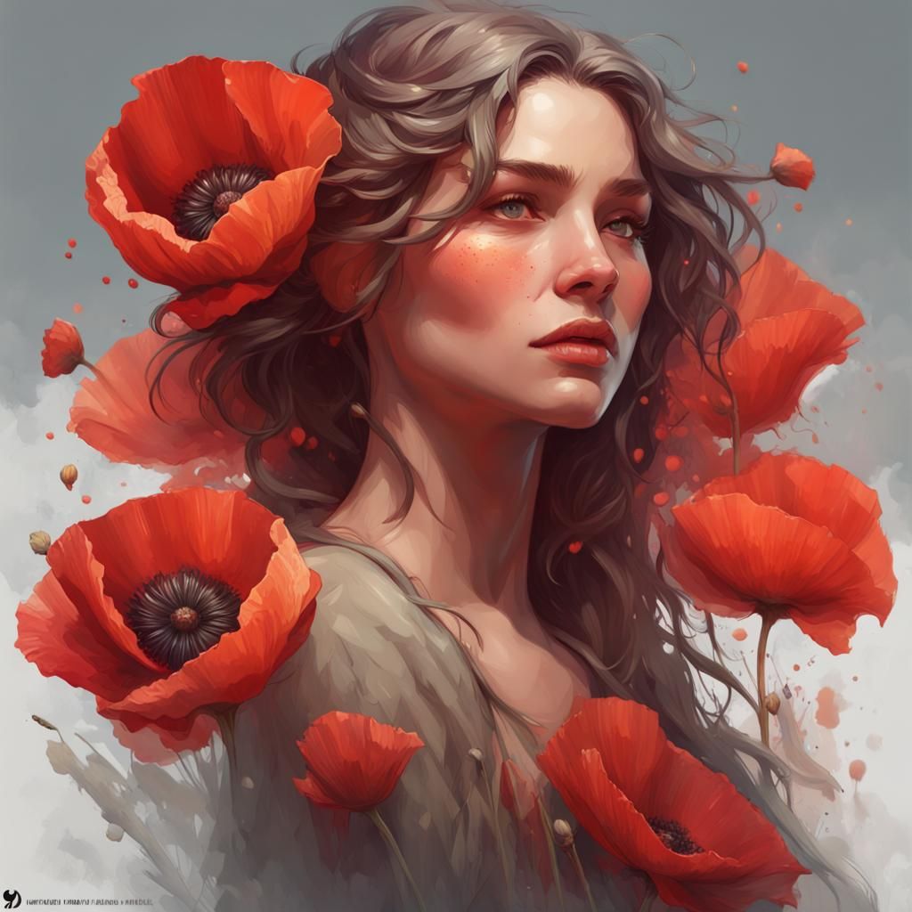 Poppy Portrait in Hyperdetailed Art Nouveau Style
