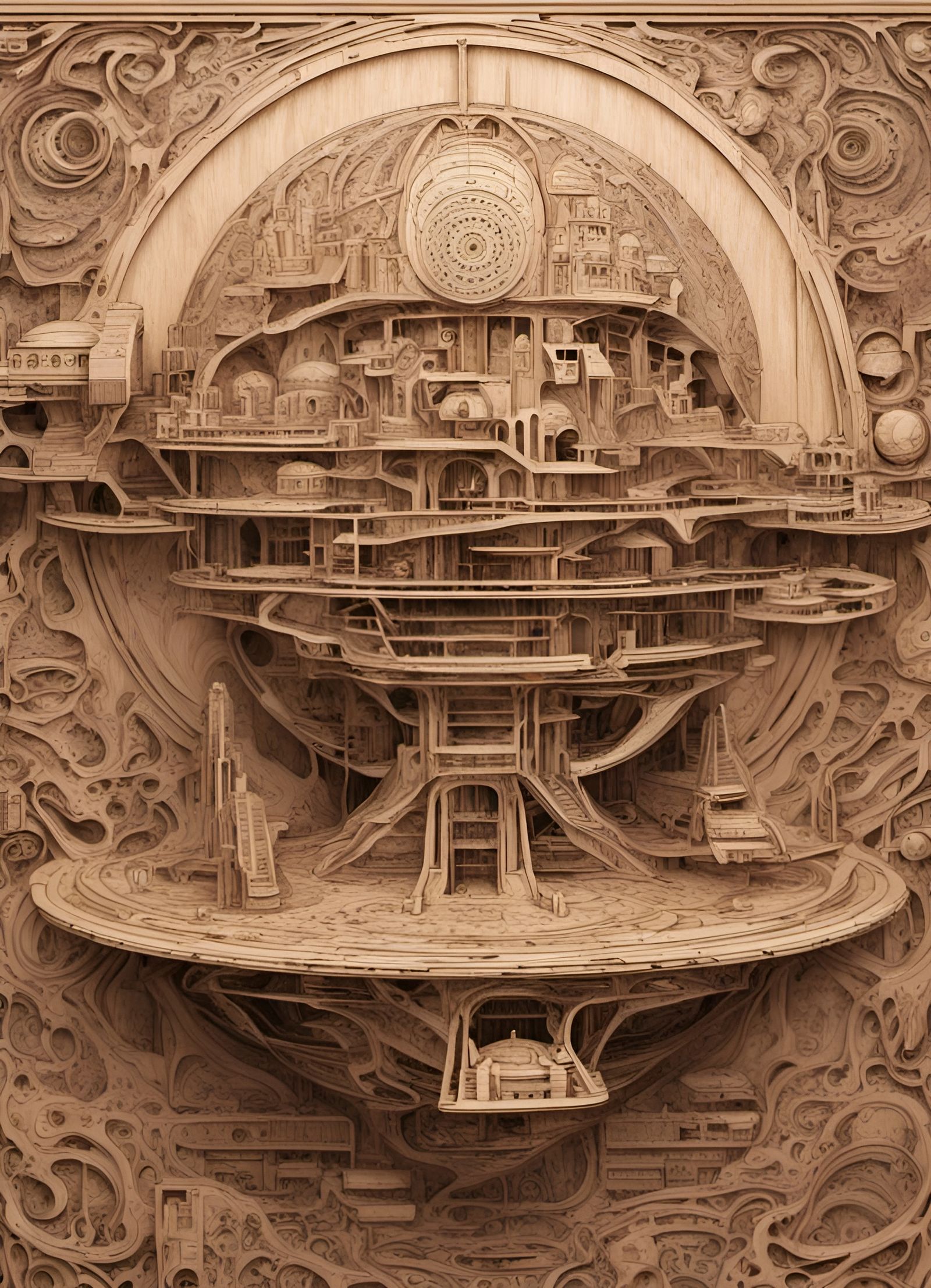Intricate Alien Space Station Woodcut Sculpture