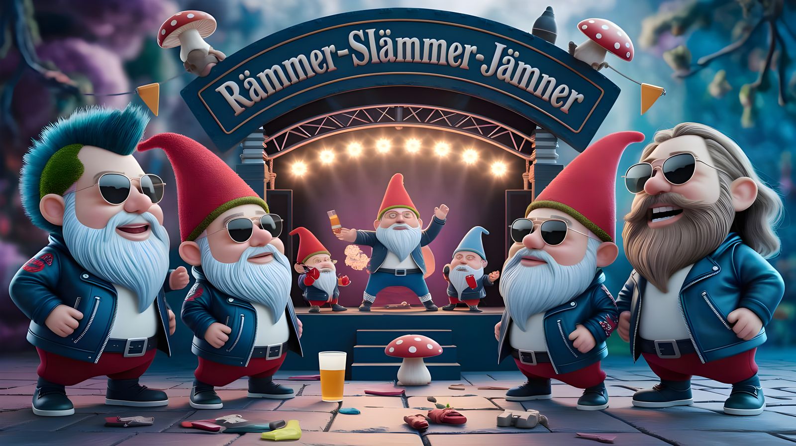 Cartoon Garden Gnomes Moshpit in Pixar Style