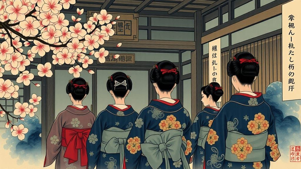 Traditional Japanese Women Attend Temple Ceremony in Ukiyo-e...