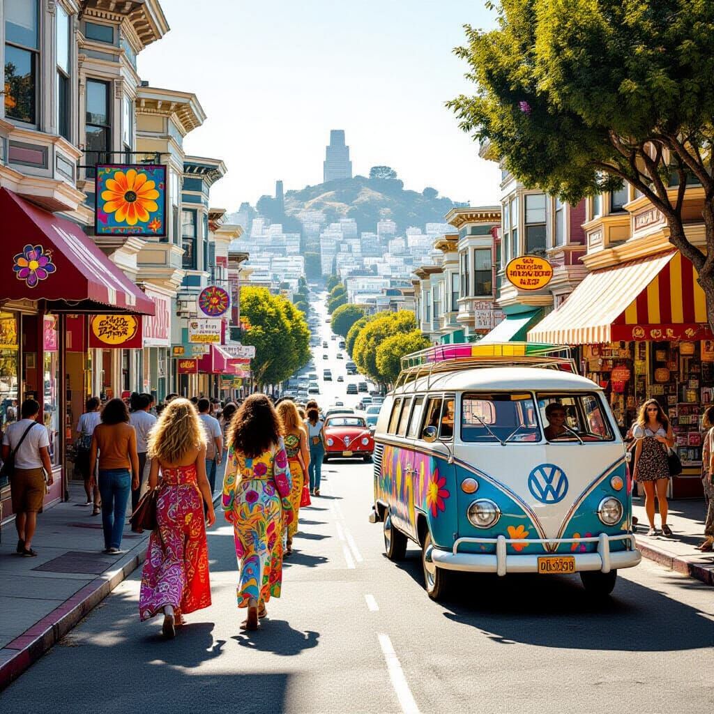 1967 Haight-Ashbury Street Scene in Vintage Film Style