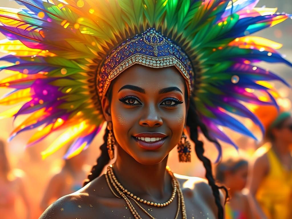 A hyper-realistic, cinematic portrait of a beautiful young Brazilian woman in the vibrant chaos of Rio de Janeiro’s carn...