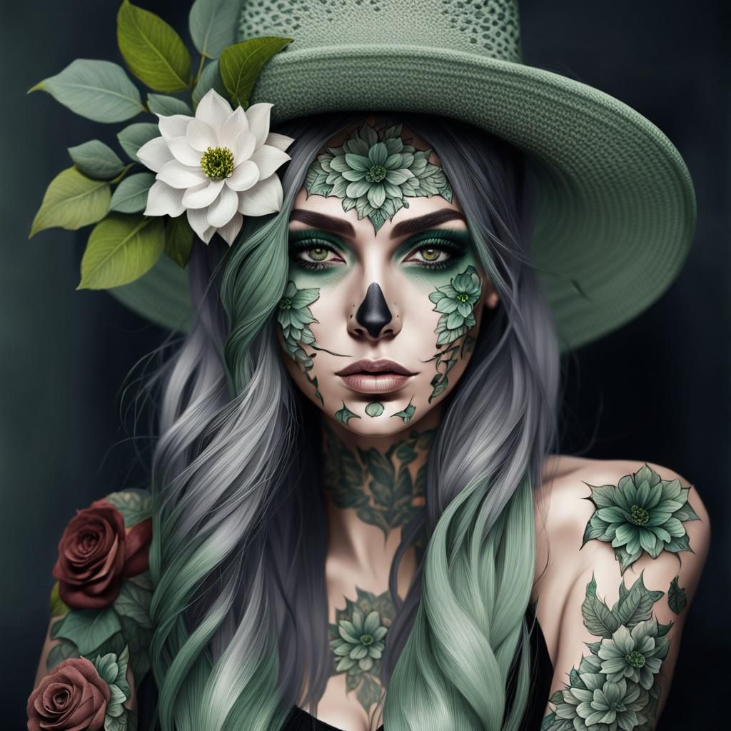 Girl with Tattoo, Flower Hat and Leopard